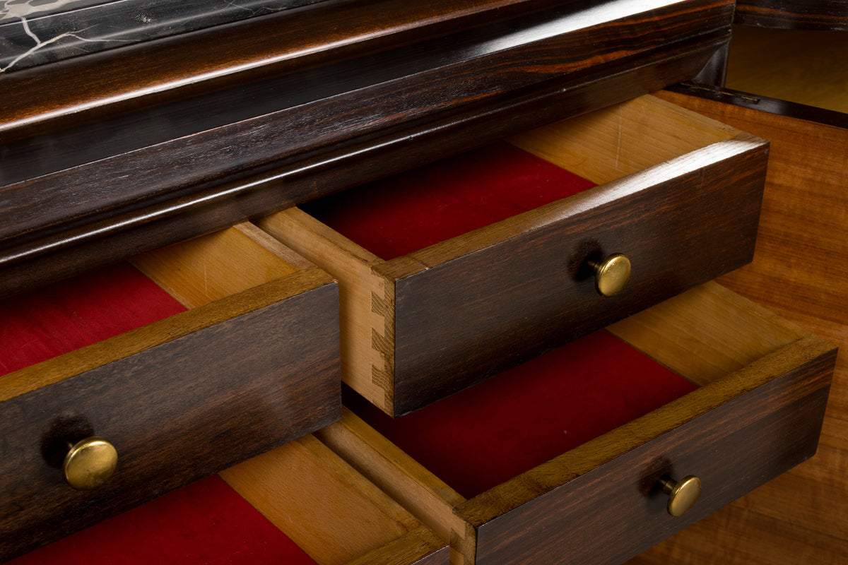1940s French Art Deco Macassar Sideboard W/ Black Marble Top