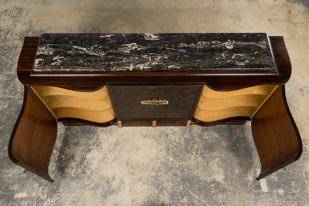 1940s French Art Deco Macassar Sideboard W/ Black Marble Top