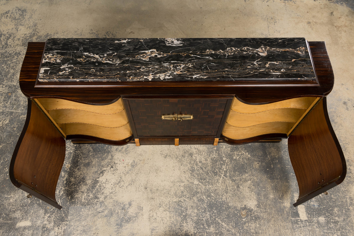 1940s French Art Deco Macassar Sideboard W/ Black Marble Top