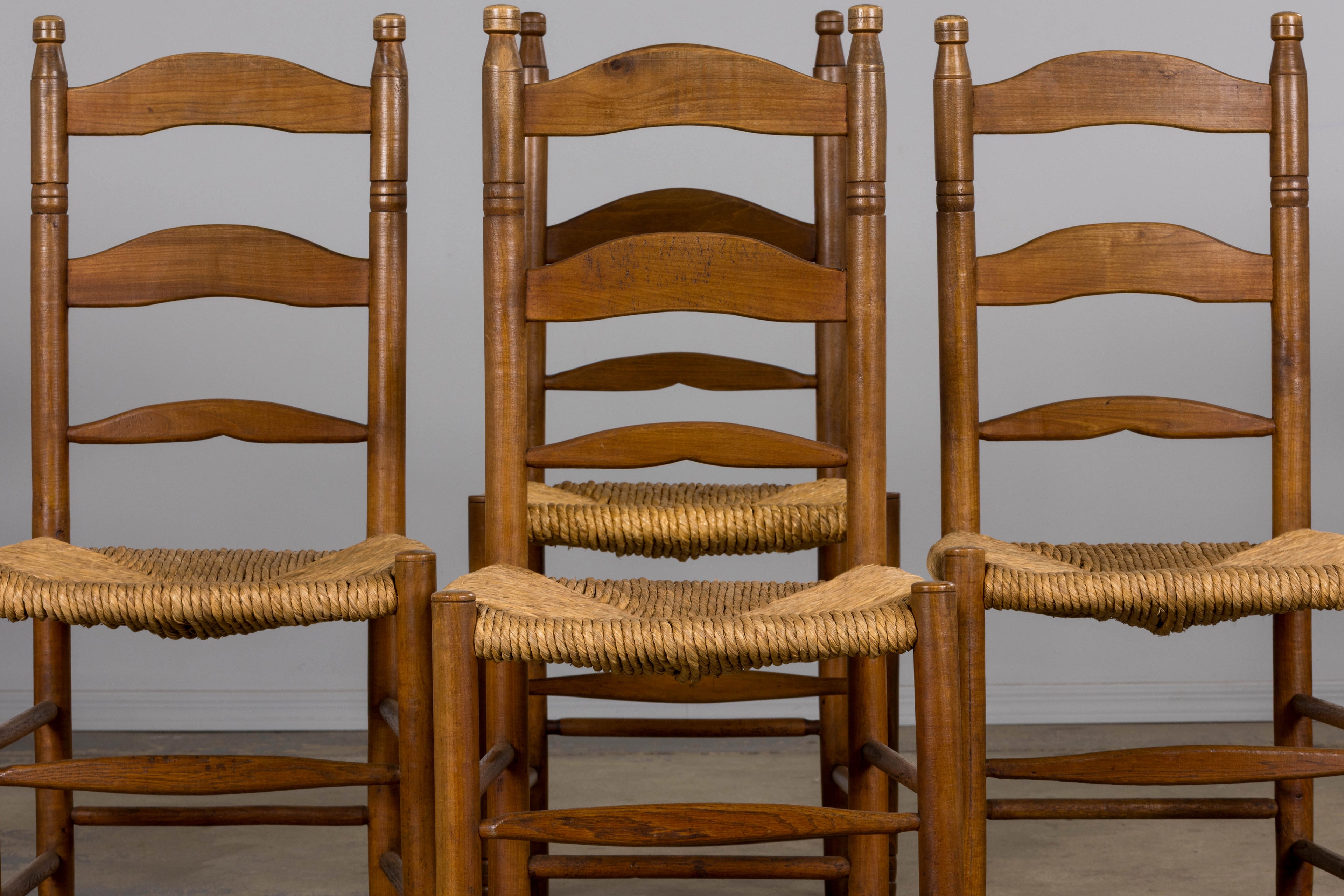 ON HOLD Antique Country French Ladder Back Maple Farmhouse Dining Chairs W/ Rush Seats - Set of 8