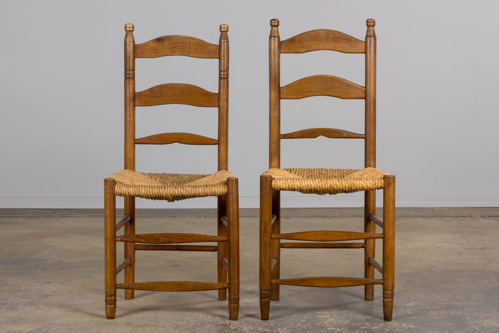 ON HOLD Antique Country French Ladder Back Maple Farmhouse Dining Chairs W/ Rush Seats - Set of 8