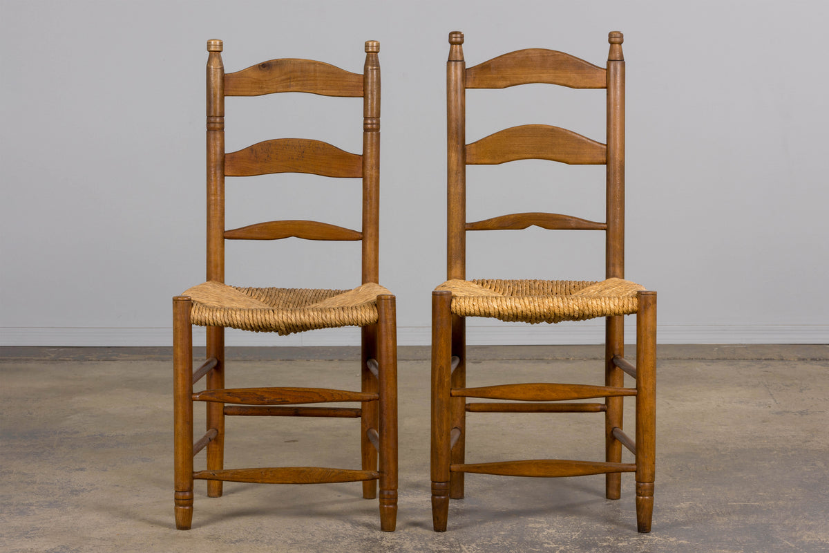 Antique Country French Ladder Back Maple Farmhouse Dining Chairs W/ Rush Seats - Set of 8