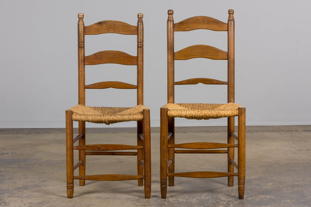 ON HOLD Antique Country French Ladder Back Maple Farmhouse Dining Chairs W/ Rush Seats - Set of 8