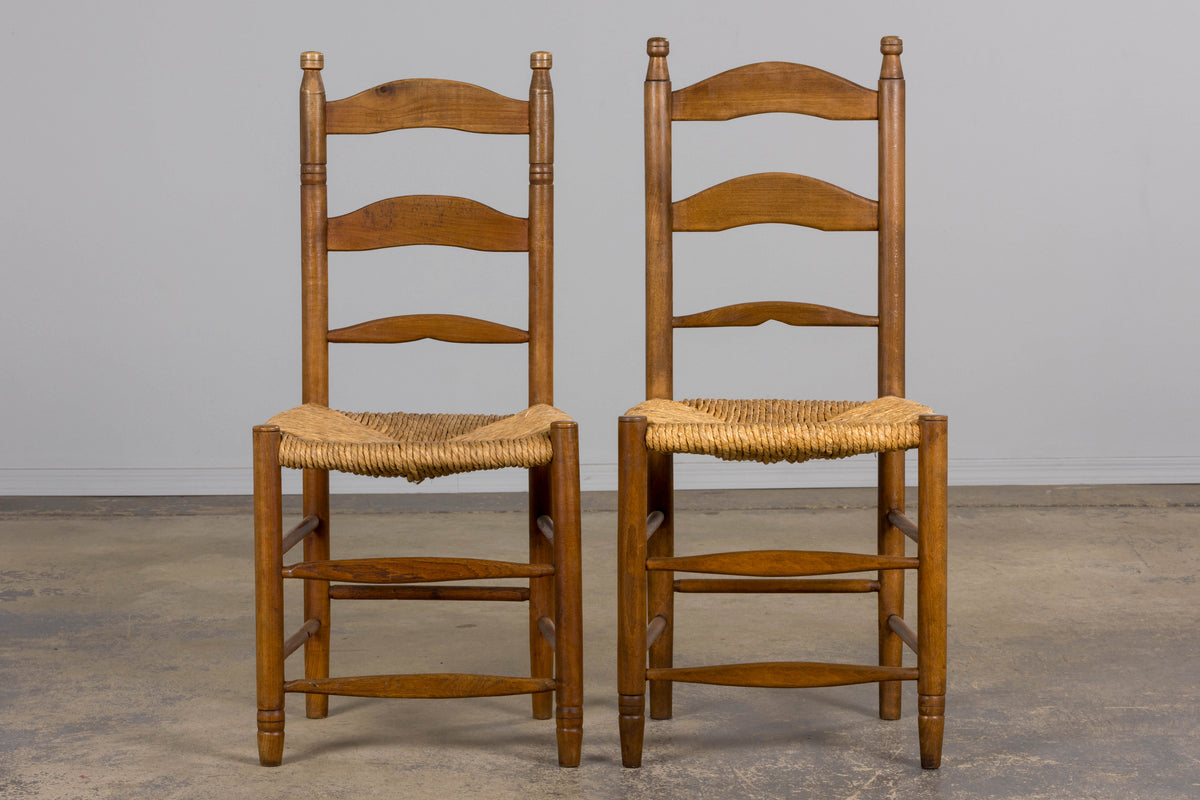Antique Country French Ladder Back Maple Farmhouse Dining Chairs W/ Rush Seats - Set of 8