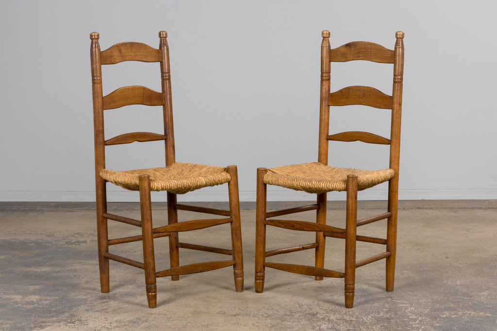 ON HOLD Antique Country French Ladder Back Maple Farmhouse Dining Chairs W/ Rush Seats - Set of 8
