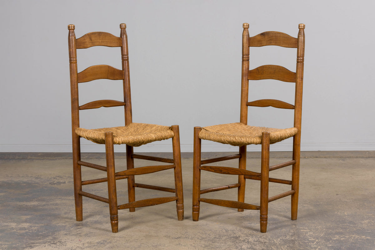 Antique Country French Ladder Back Maple Farmhouse Dining Chairs W/ Rush Seats - Set of 8