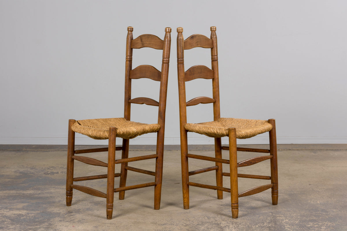 Antique Country French Ladder Back Maple Farmhouse Dining Chairs W/ Rush Seats - Set of 8