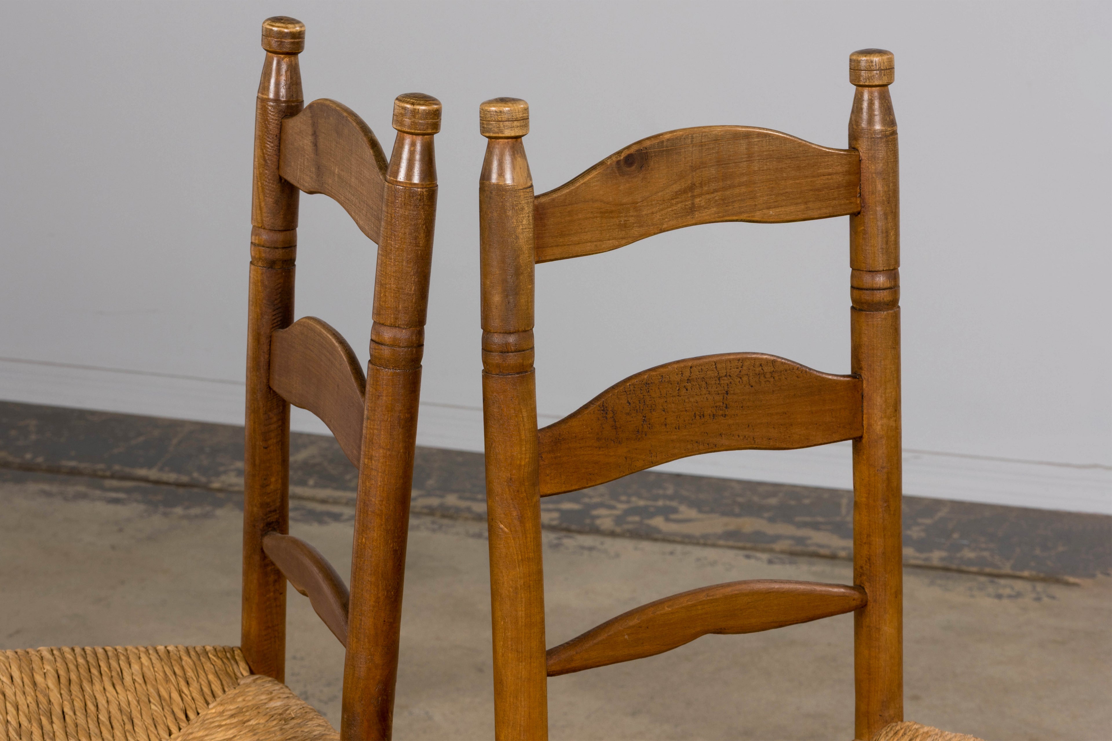 ON HOLD Antique Country French Ladder Back Maple Farmhouse Dining Chairs W/ Rush Seats - Set of 8