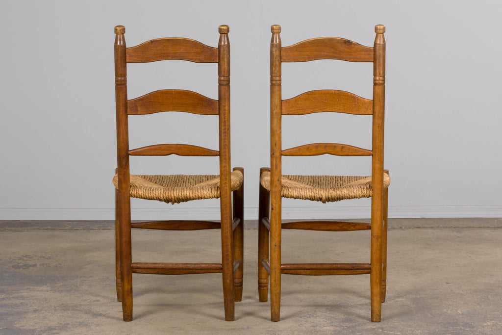 ON HOLD Antique Country French Ladder Back Maple Farmhouse Dining Chairs W/ Rush Seats - Set of 8