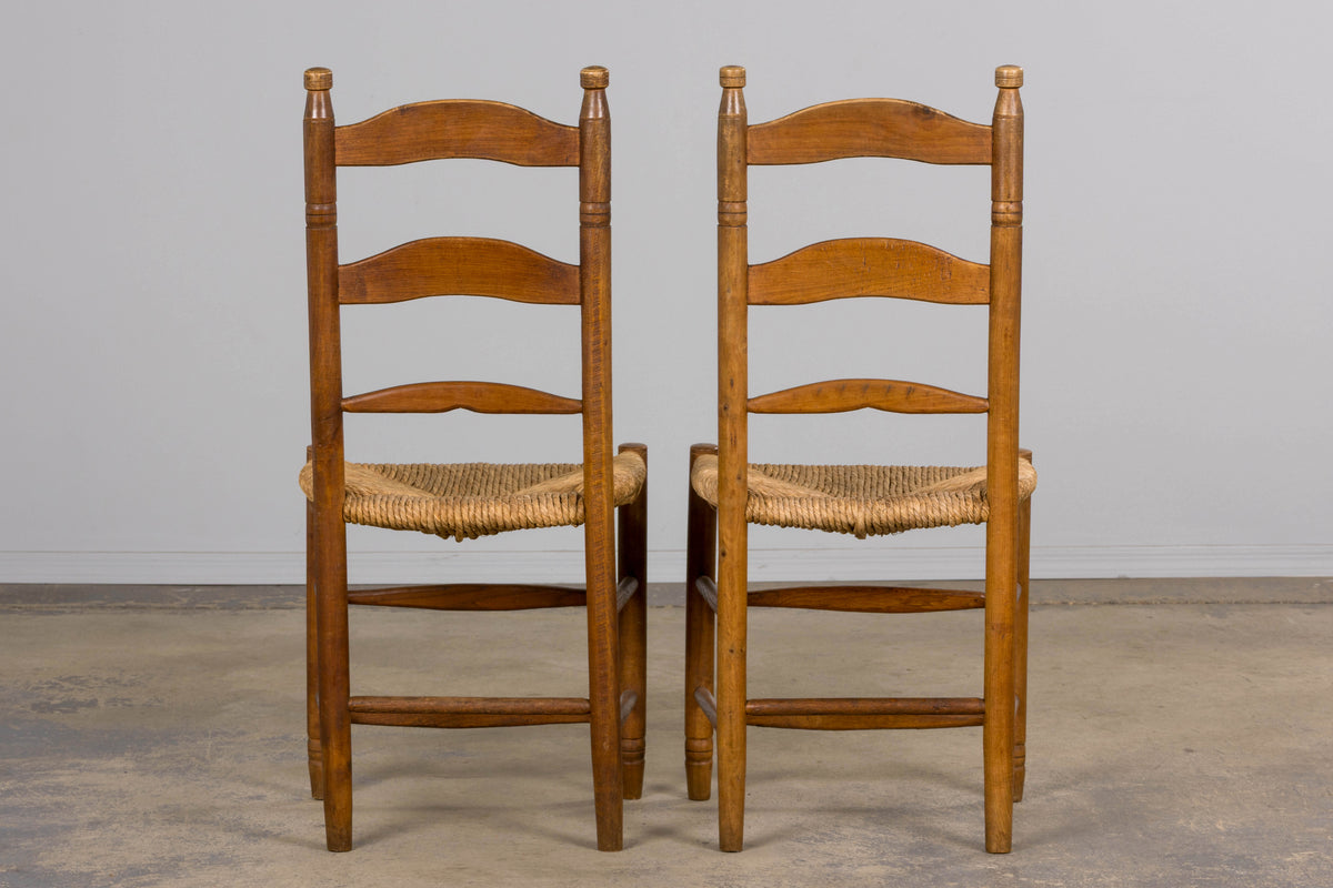 Antique Country French Ladder Back Maple Farmhouse Dining Chairs W/ Rush Seats - Set of 8