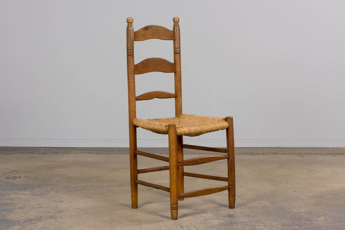 Antique Country French Ladder Back Maple Farmhouse Dining Chairs W/ Rush Seats - Set of 8