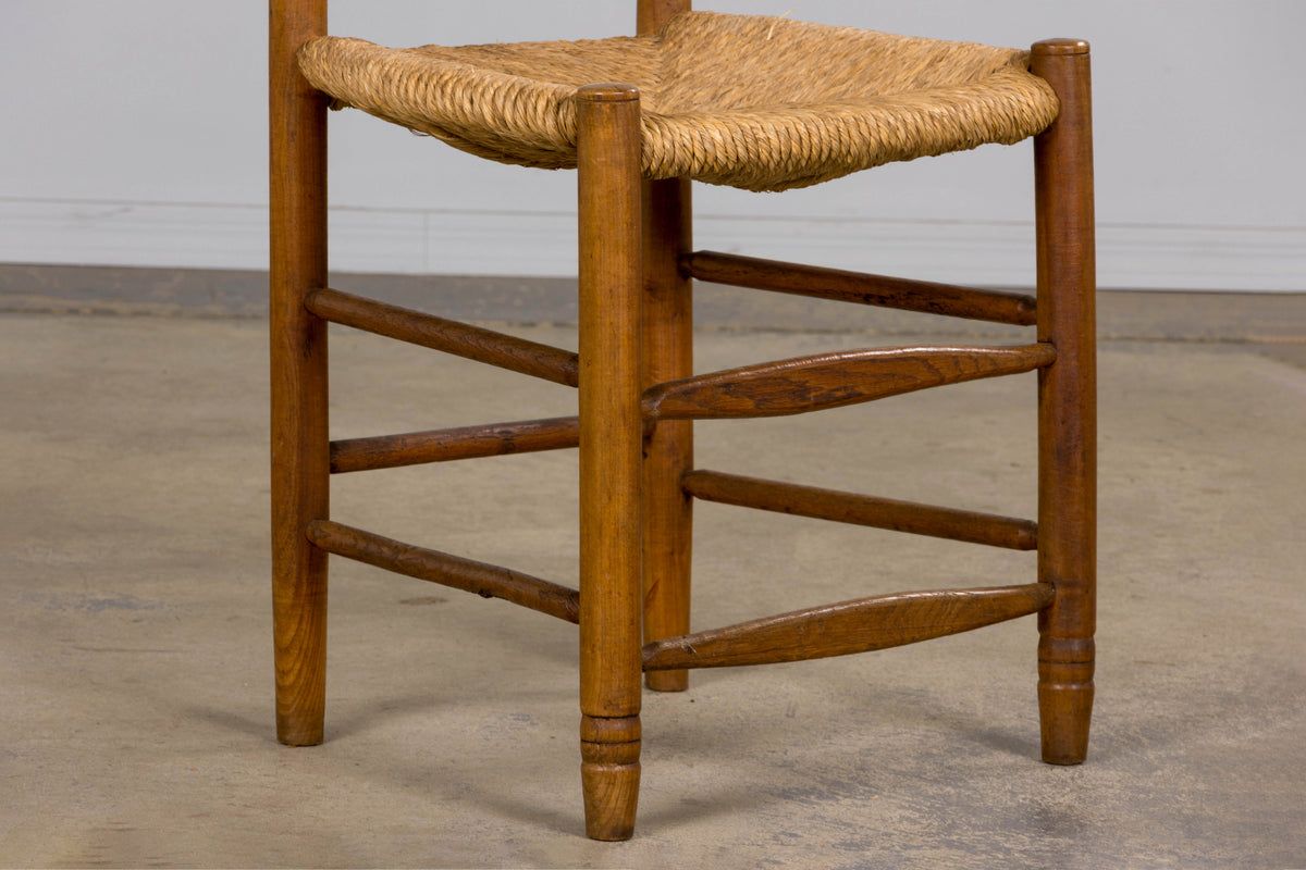 Antique Country French Ladder Back Maple Farmhouse Dining Chairs W/ Rush Seats - Set of 8