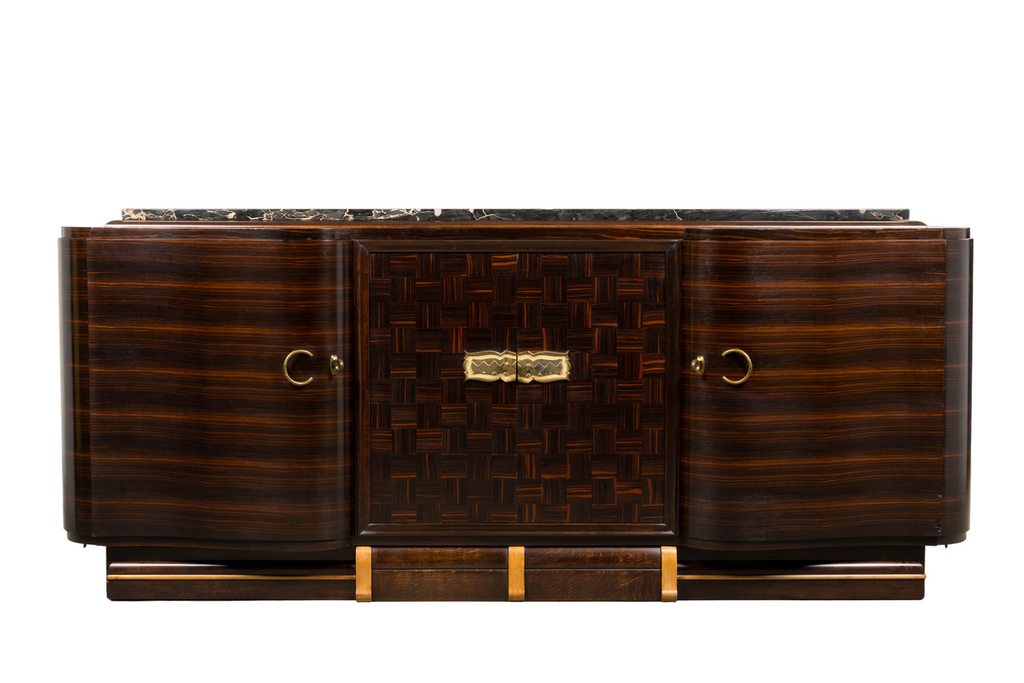 1940s French Art Deco Macassar Sideboard W/ Black Marble Top