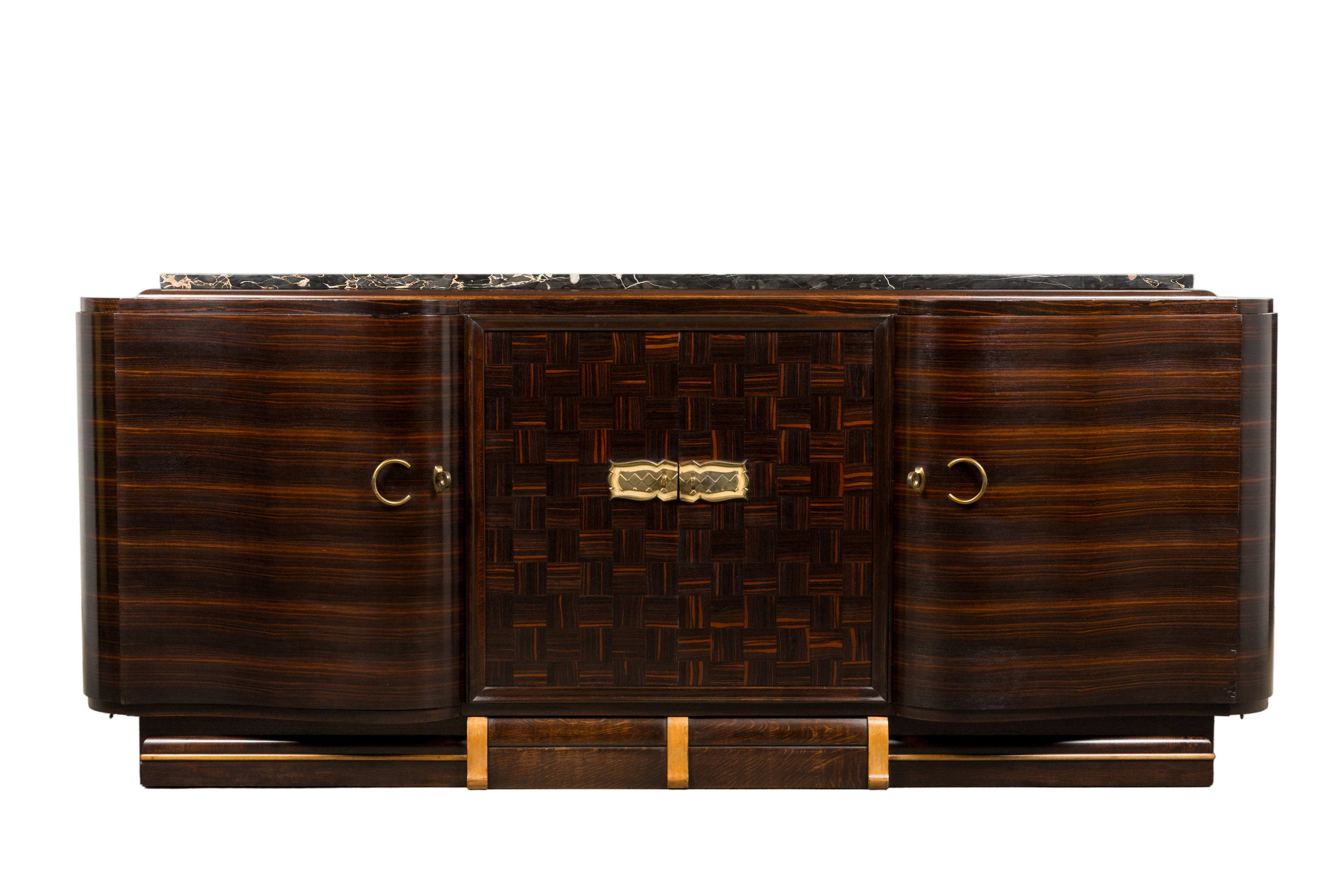 1940s French Art Deco Macassar Sideboard W/ Black Marble Top