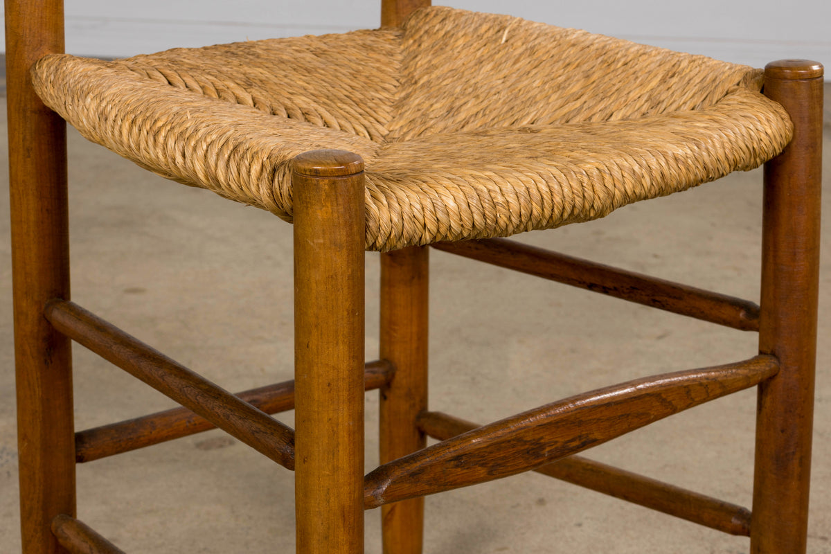 Antique Country French Ladder Back Maple Farmhouse Dining Chairs W/ Rush Seats - Set of 8