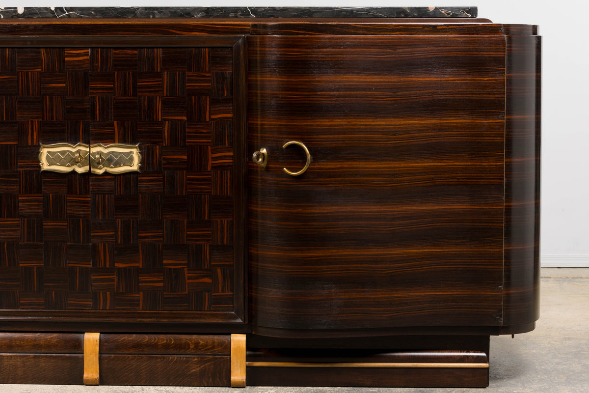 1940s French Art Deco Macassar Sideboard W/ Black Marble Top