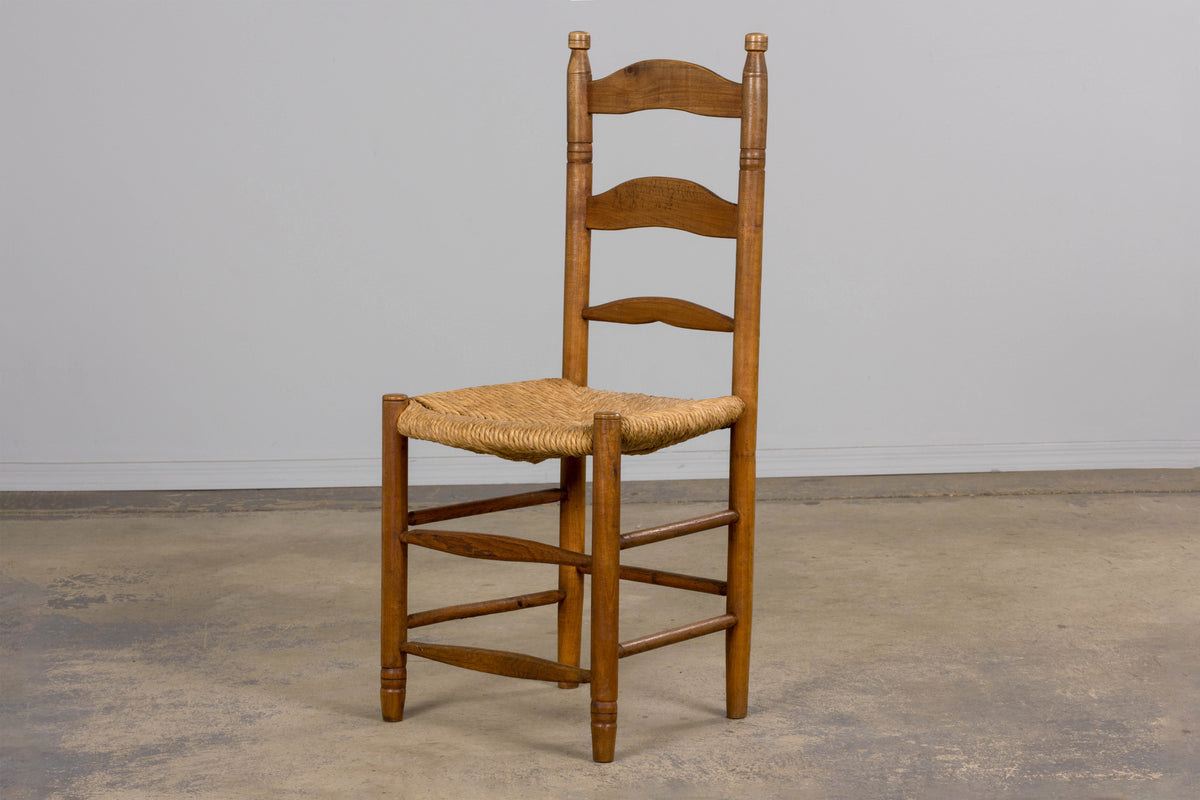 Antique Country French Ladder Back Maple Farmhouse Dining Chairs W/ Rush Seats - Set of 8