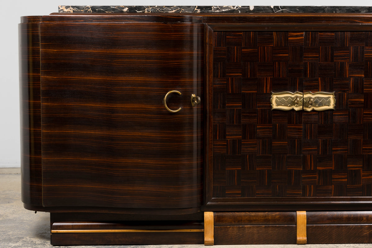 1940s French Art Deco Macassar Sideboard W/ Black Marble Top