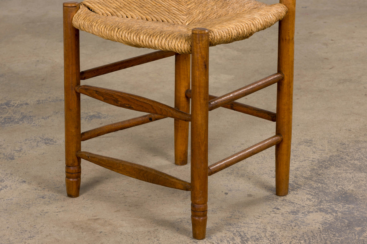 Antique Country French Ladder Back Maple Farmhouse Dining Chairs W/ Rush Seats - Set of 8