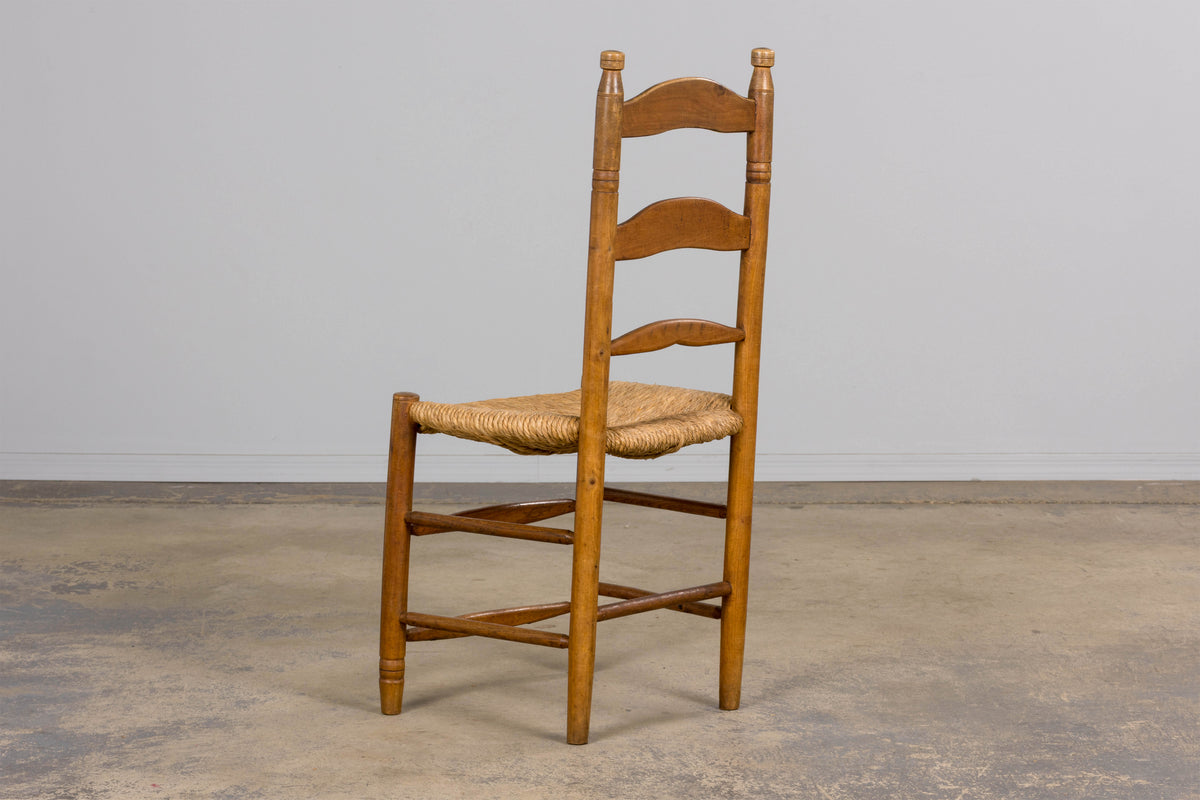 Antique Country French Ladder Back Maple Farmhouse Dining Chairs W/ Rush Seats - Set of 8