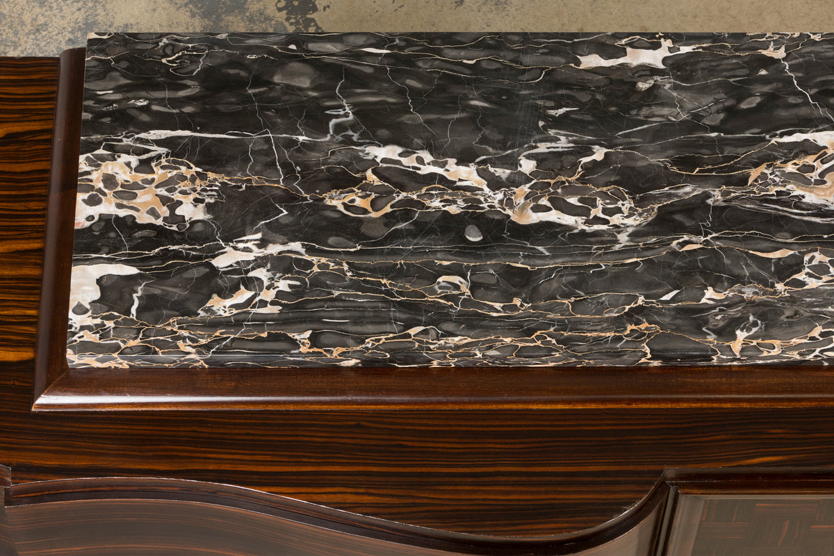 1940s French Art Deco Macassar Sideboard W/ Black Marble Top