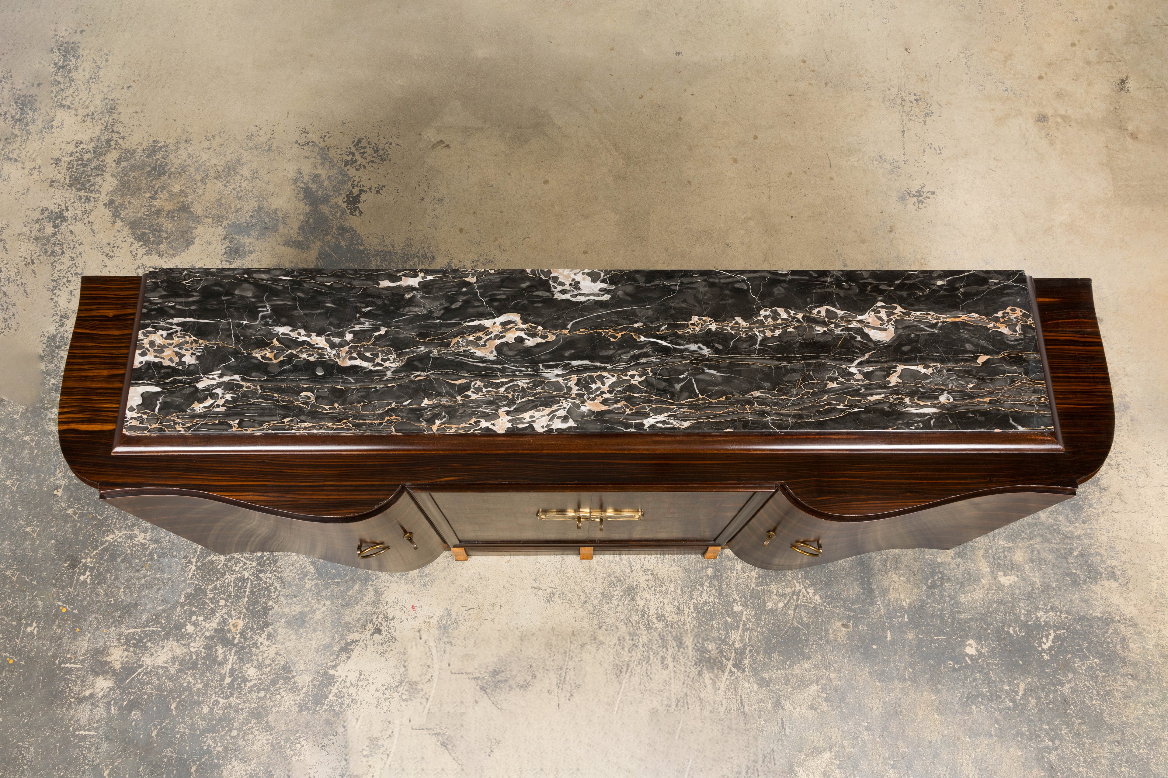 1940s French Art Deco Macassar Sideboard W/ Black Marble Top