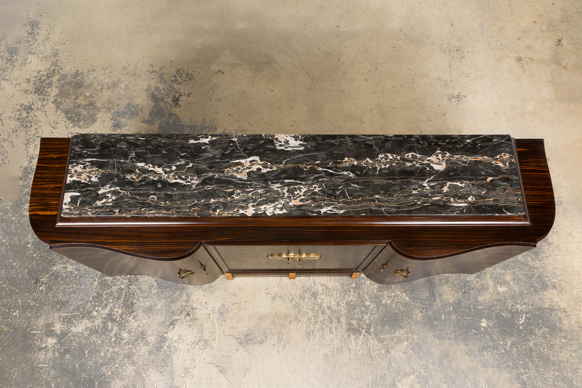 1940s French Art Deco Macassar Sideboard W/ Black Marble Top