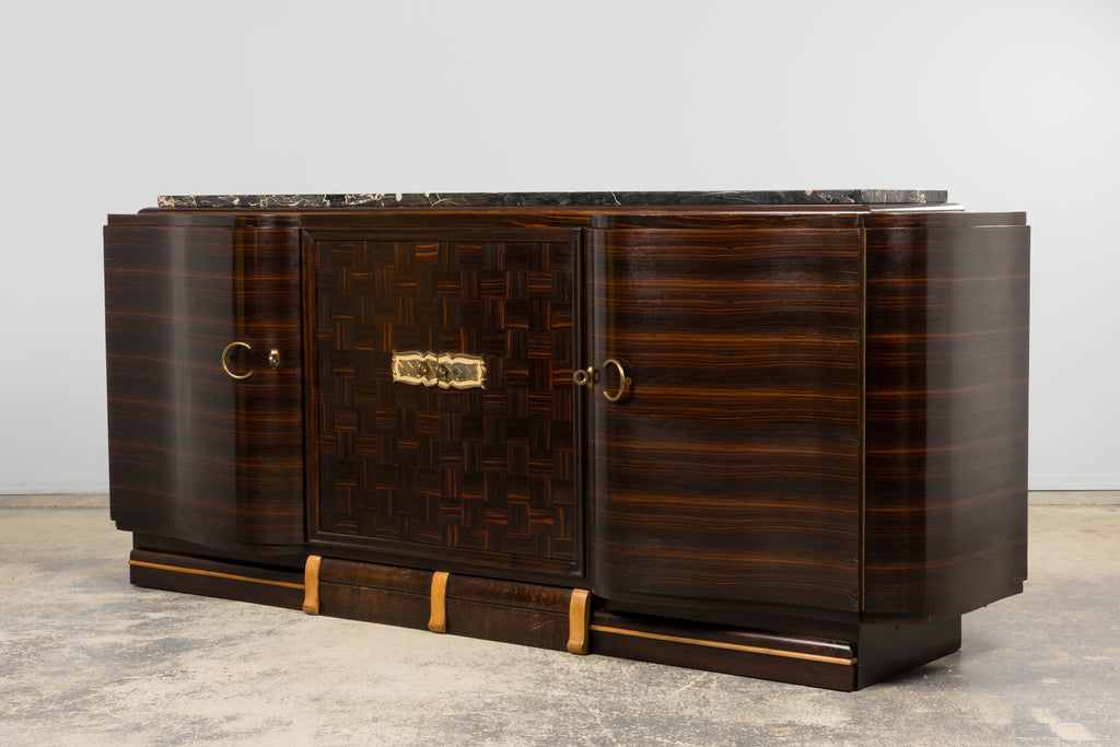1940s French Art Deco Macassar Sideboard W/ Black Marble Top