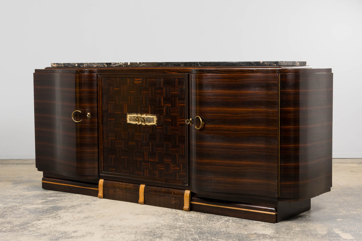 1940s French Art Deco Macassar Sideboard W/ Black Marble Top