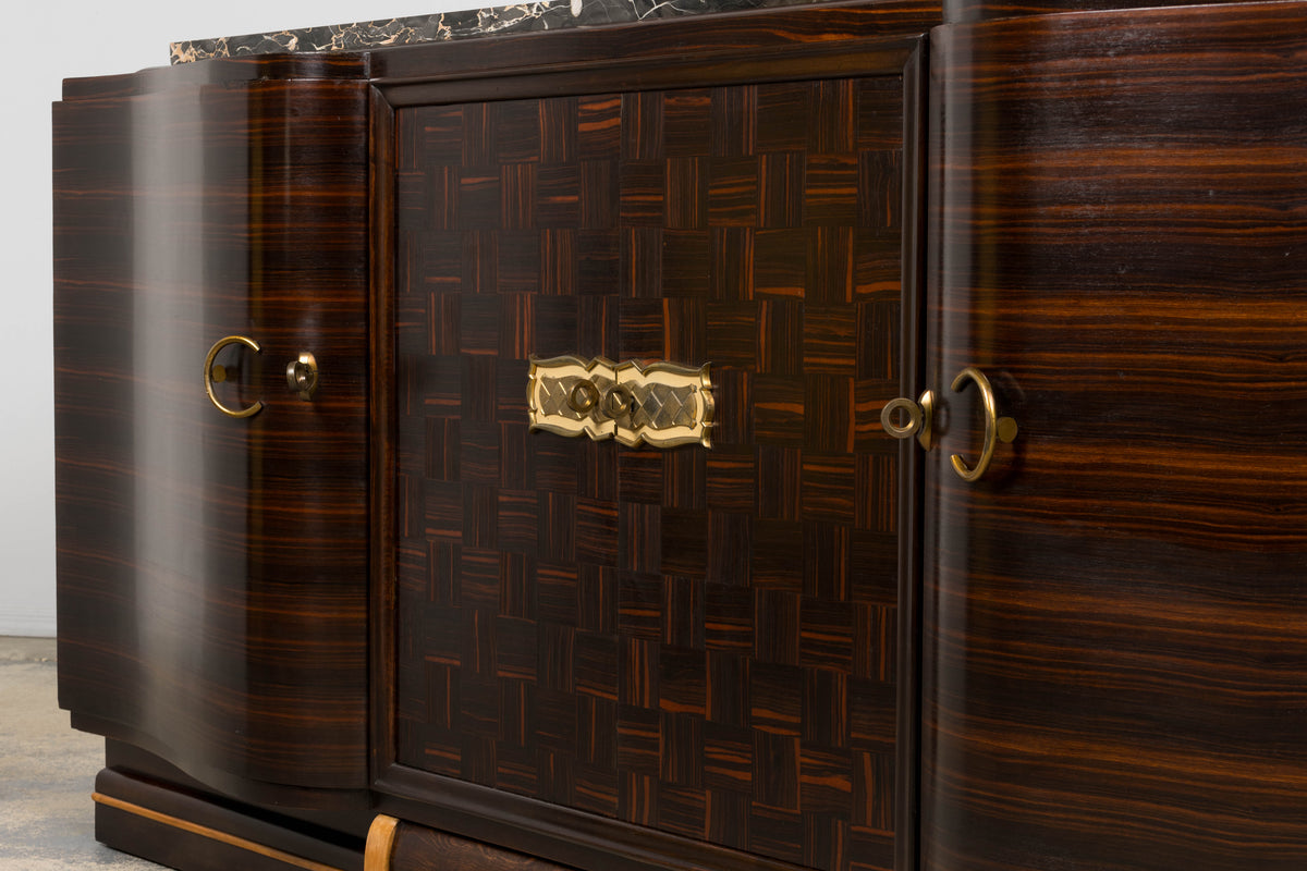 1940s French Art Deco Macassar Sideboard W/ Black Marble Top