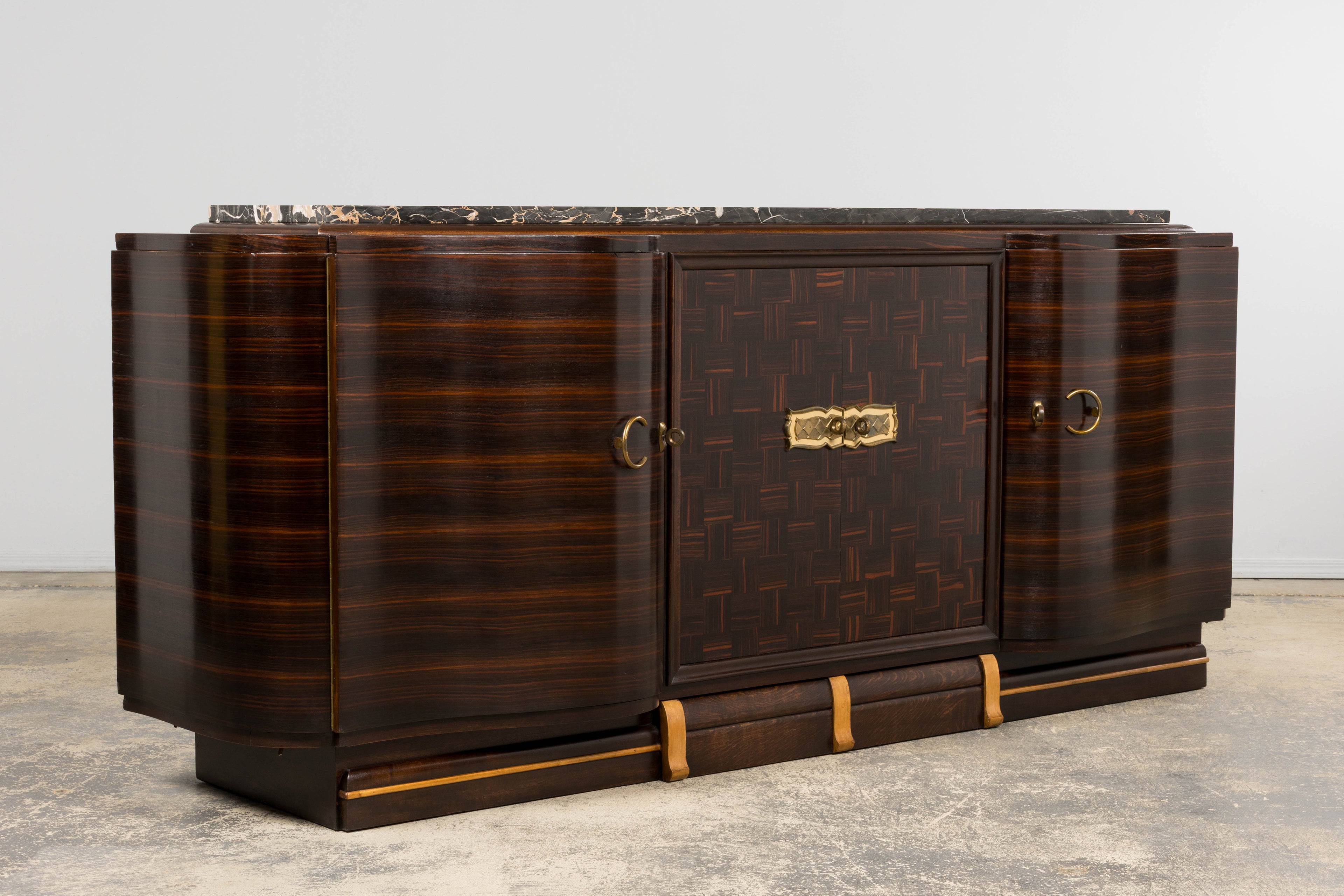 1940s French Art Deco Macassar Sideboard W/ Black Marble Top