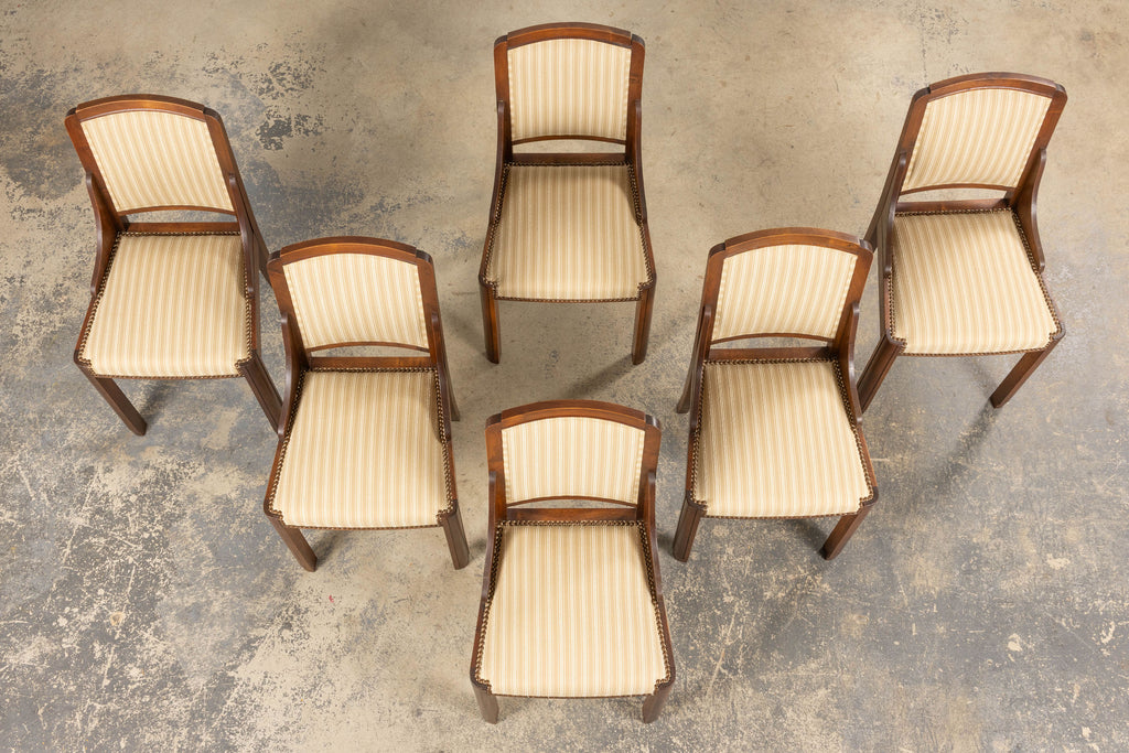 1930s French Art Deco Walnut Dining Chairs In Beige Stripe - Set of 6