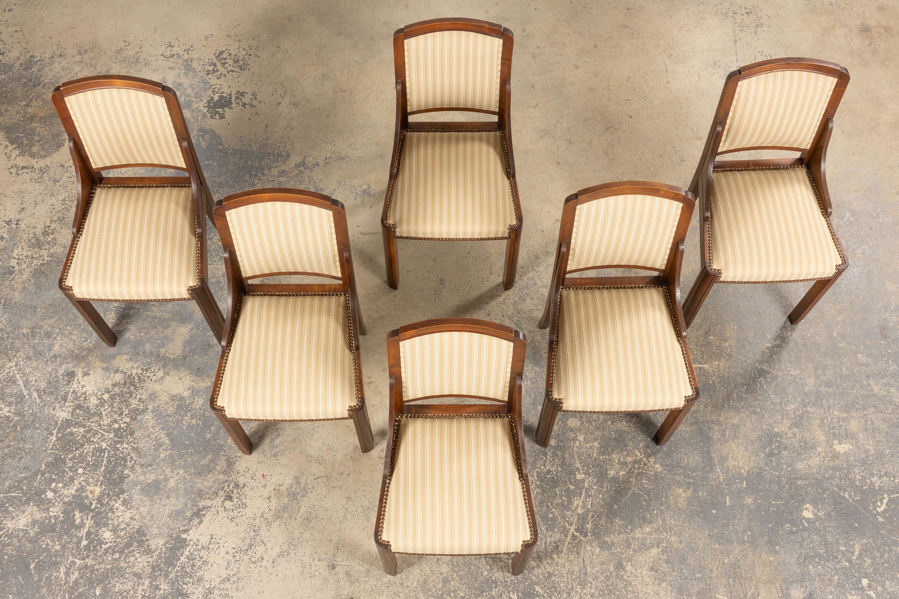 1930s French Art Deco Walnut Dining Chairs In Beige Stripe - Set of 6