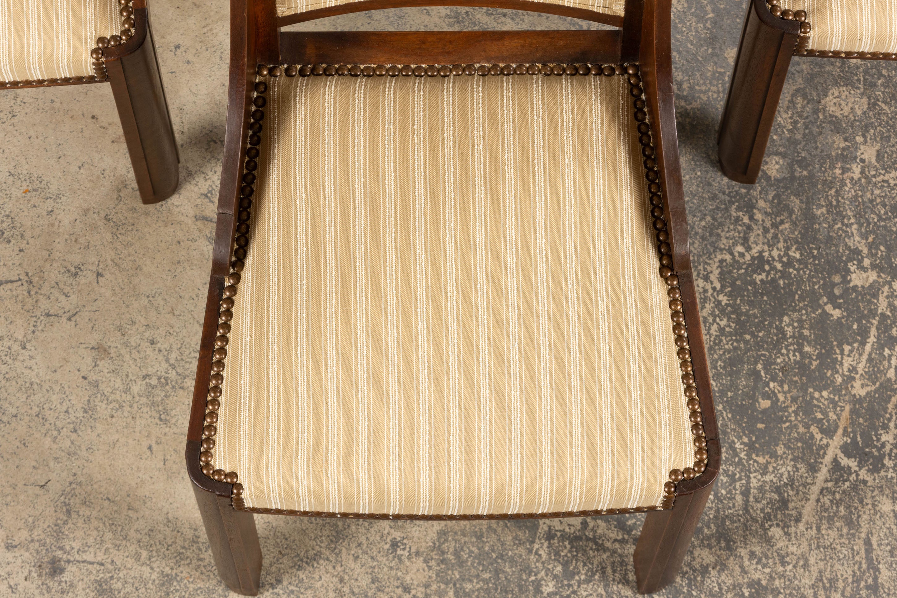 1930s French Art Deco Walnut Dining Chairs In Beige Stripe - Set of 6