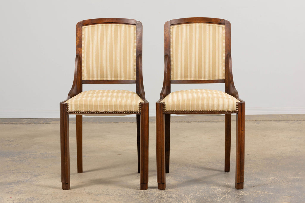 1930s French Art Deco Walnut Dining Chairs In Beige Stripe - Set of 6