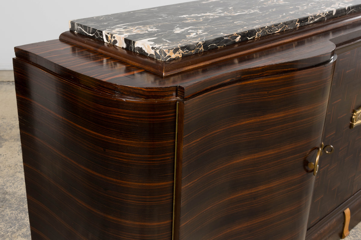 1940s French Art Deco Macassar Sideboard W/ Black Marble Top