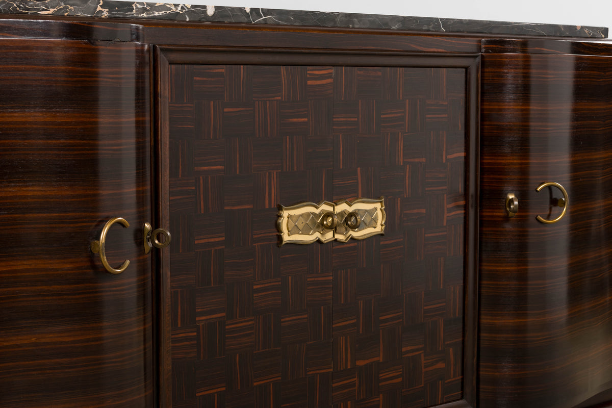 1940s French Art Deco Macassar Sideboard W/ Black Marble Top