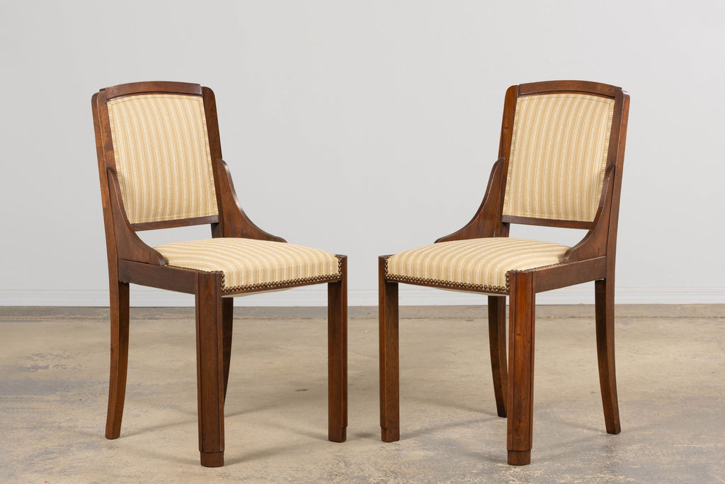 1930s French Art Deco Walnut Dining Chairs In Beige Stripe - Set of 6