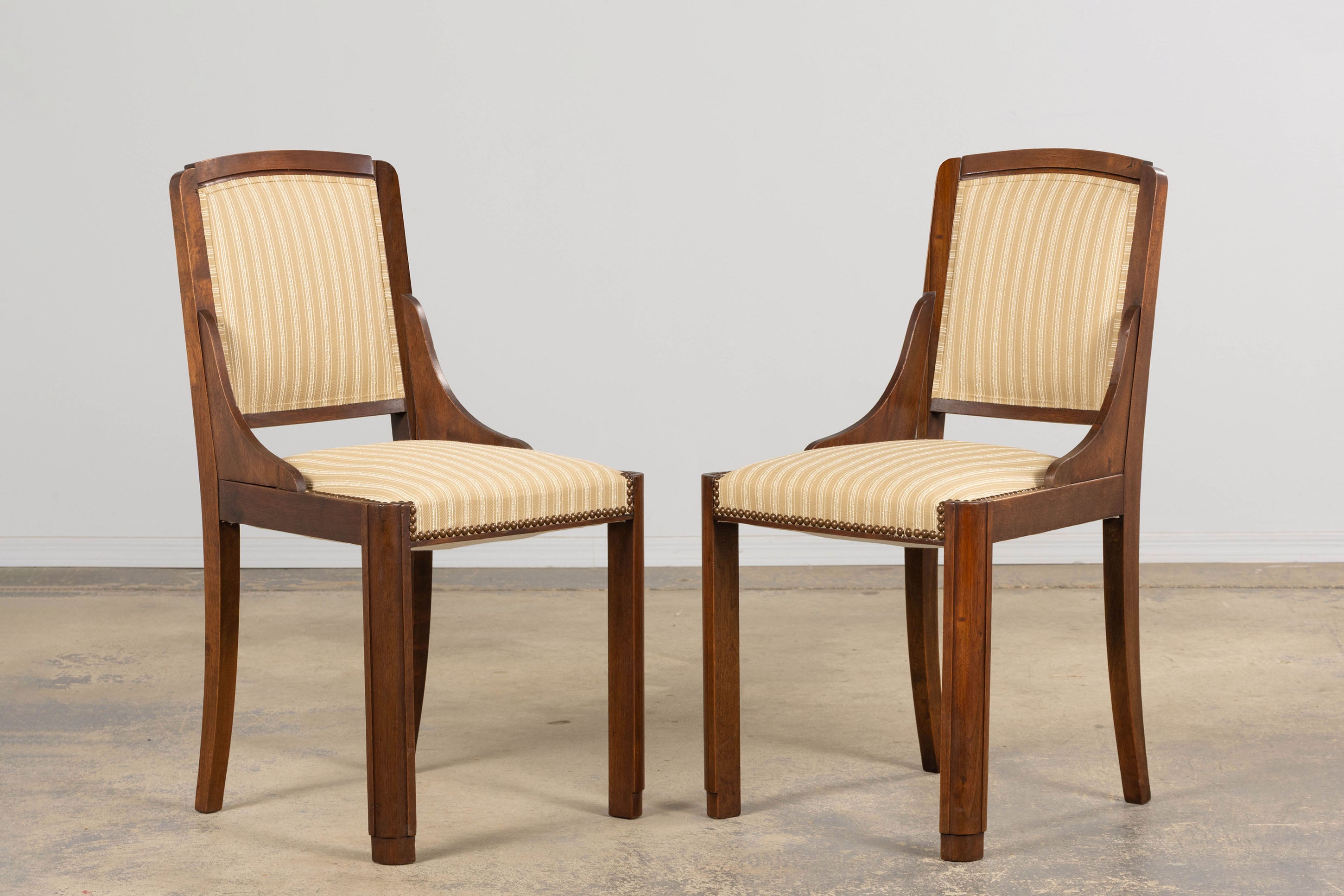 1930s French Art Deco Walnut Dining Chairs In Beige Stripe - Set of 6