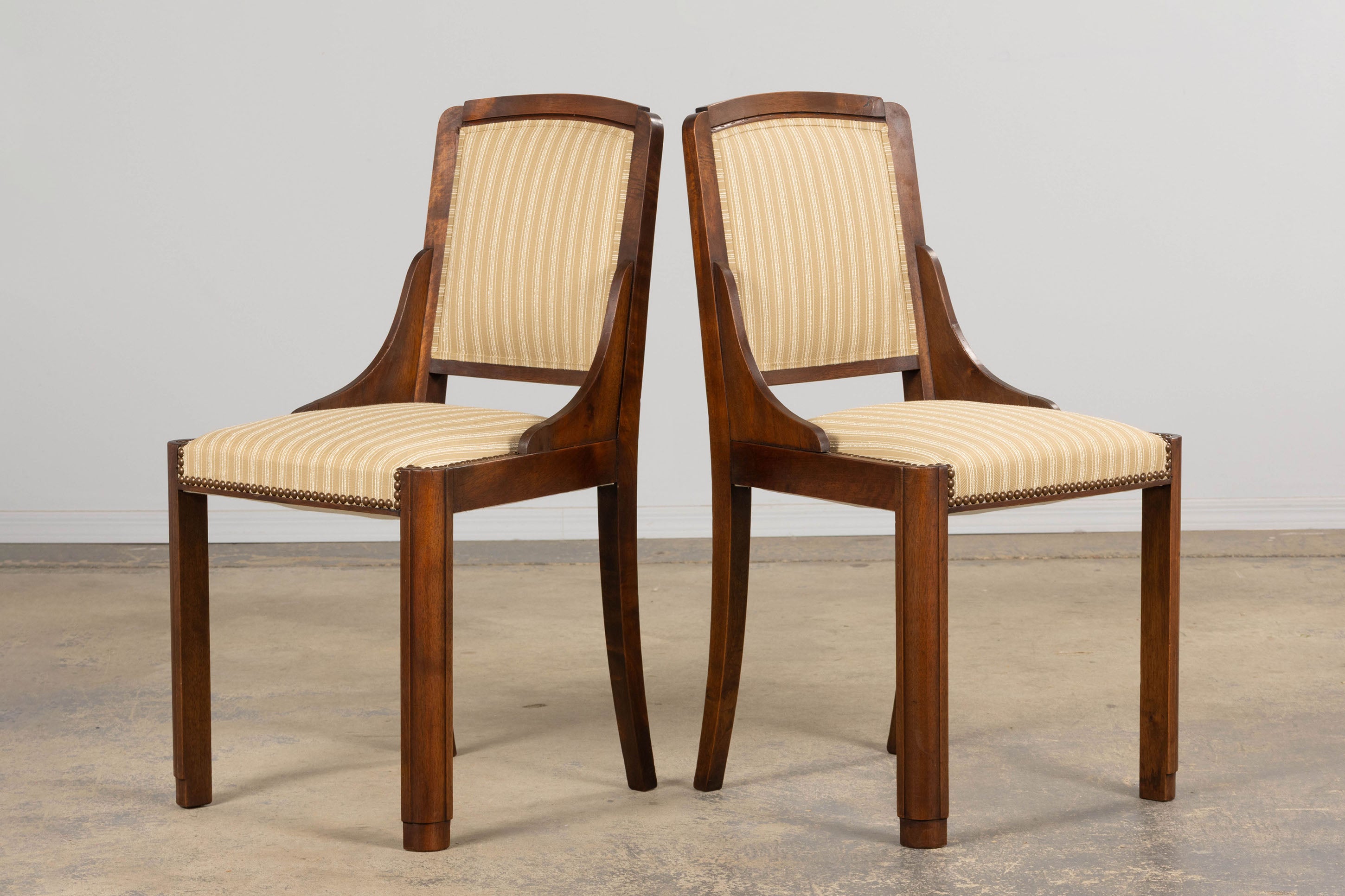 1930s French Art Deco Walnut Dining Chairs In Beige Stripe - Set of 6