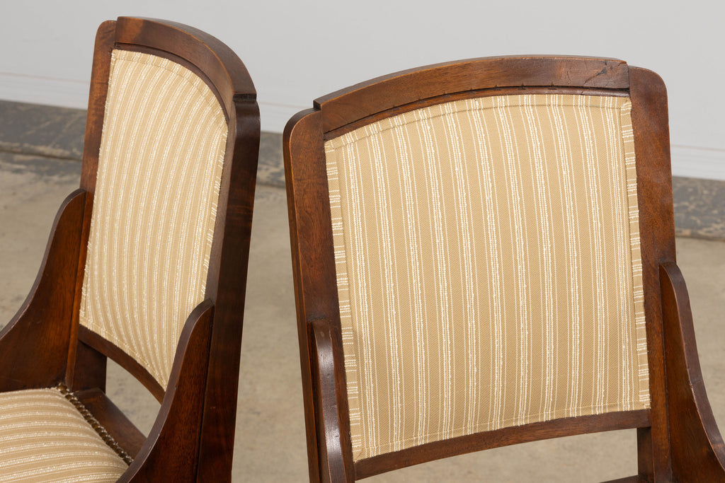 1930s French Art Deco Walnut Dining Chairs In Beige Stripe - Set of 6
