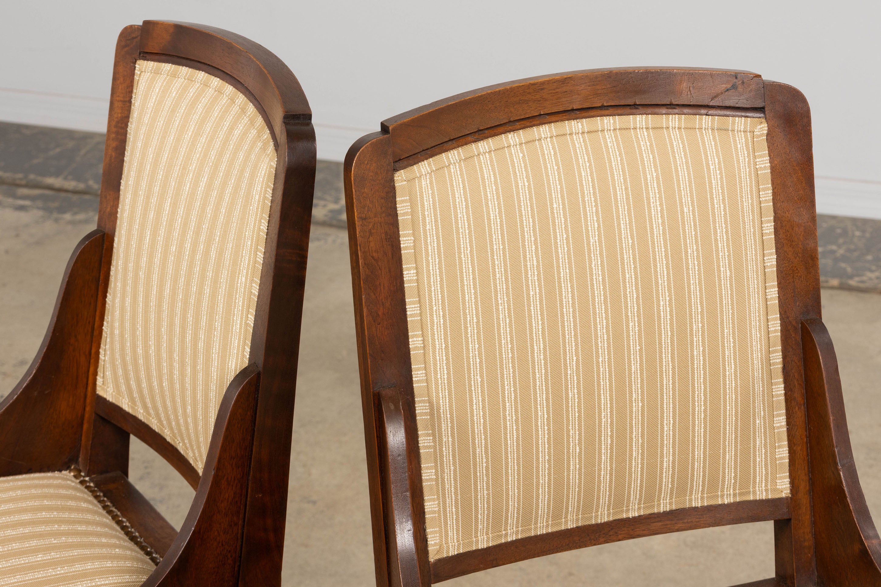 1930s French Art Deco Walnut Dining Chairs In Beige Stripe - Set of 6