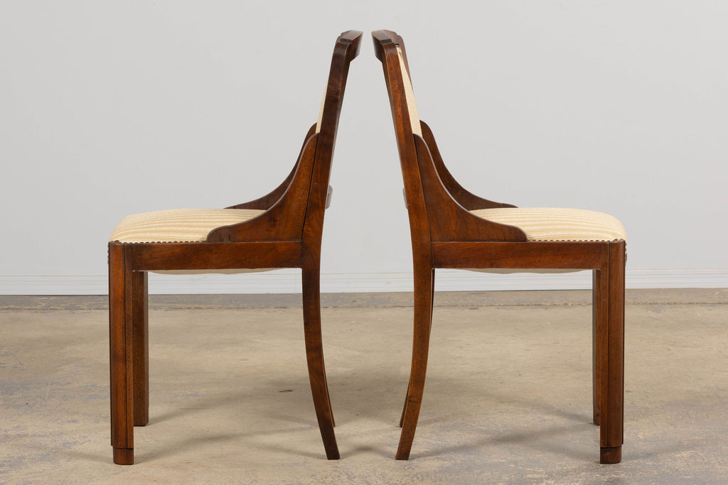 1930s French Art Deco Walnut Dining Chairs In Beige Stripe - Set of 6