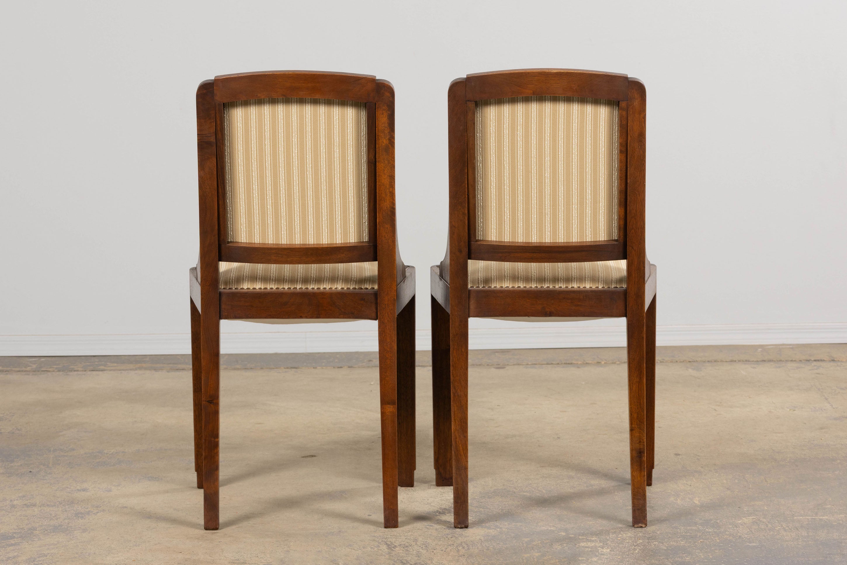 1930s French Art Deco Walnut Dining Chairs In Beige Stripe - Set of 6
