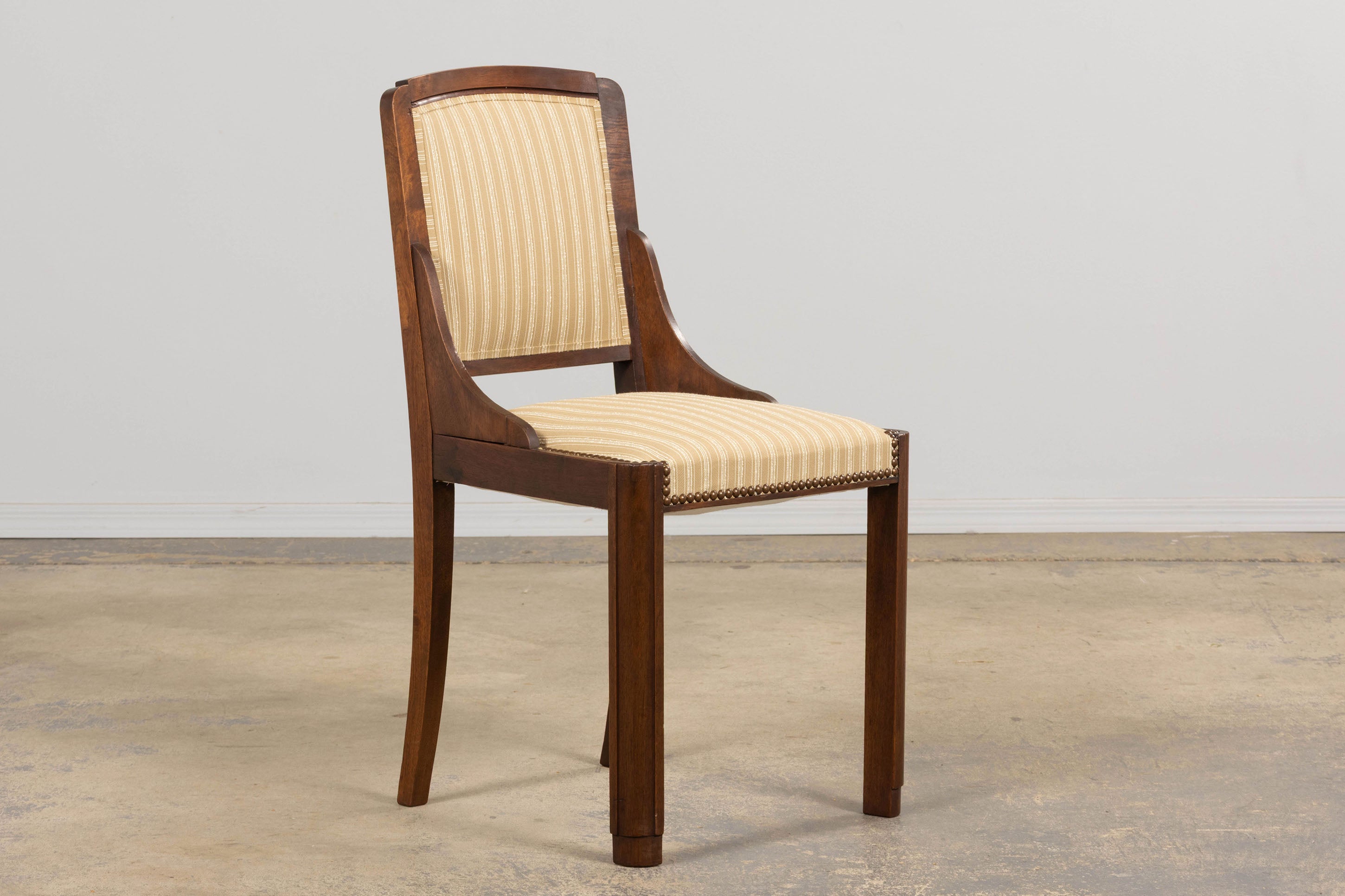 1930s French Art Deco Walnut Dining Chairs In Beige Stripe - Set of 6