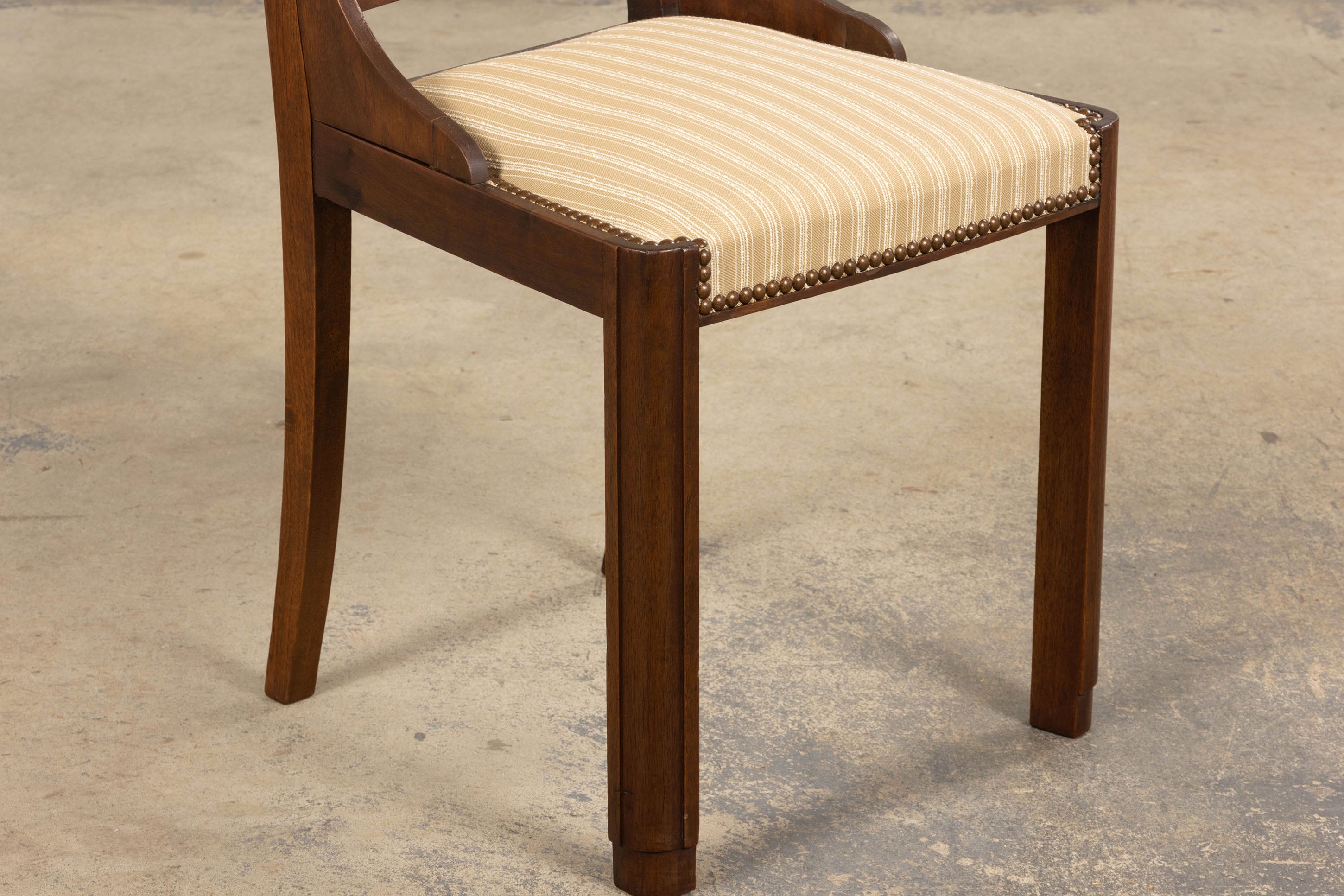 1930s French Art Deco Walnut Dining Chairs In Beige Stripe - Set of 6