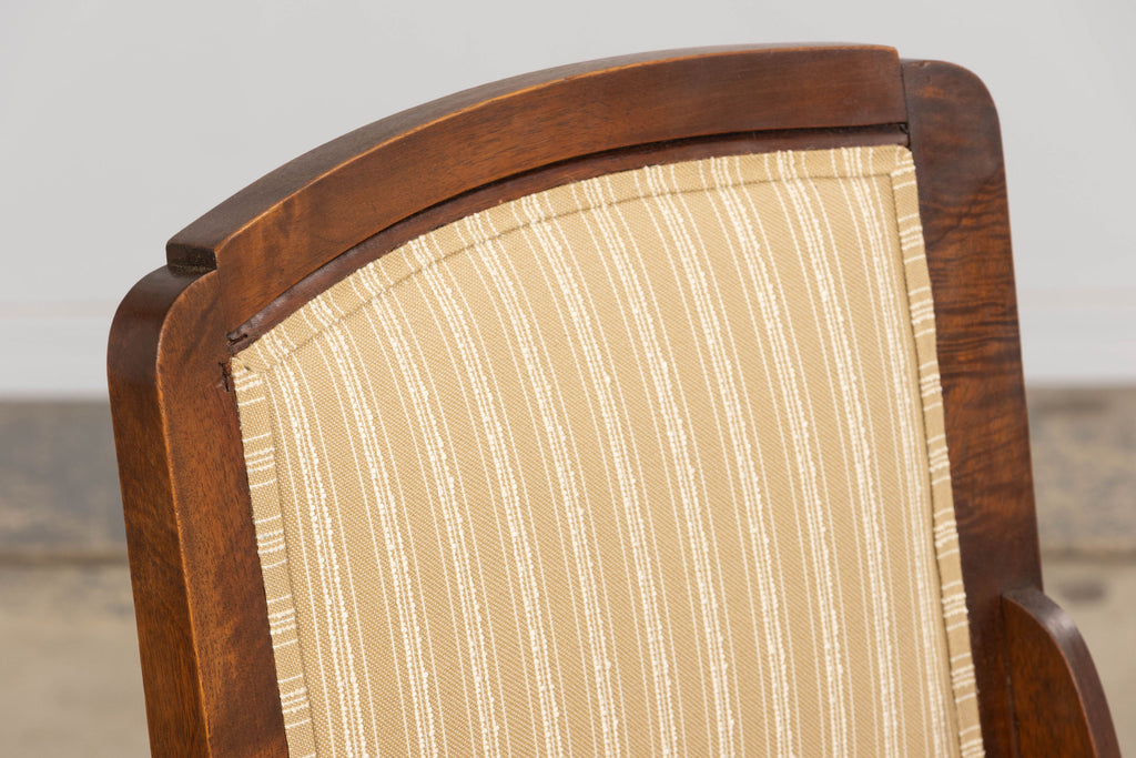 1930s French Art Deco Walnut Dining Chairs In Beige Stripe - Set of 6