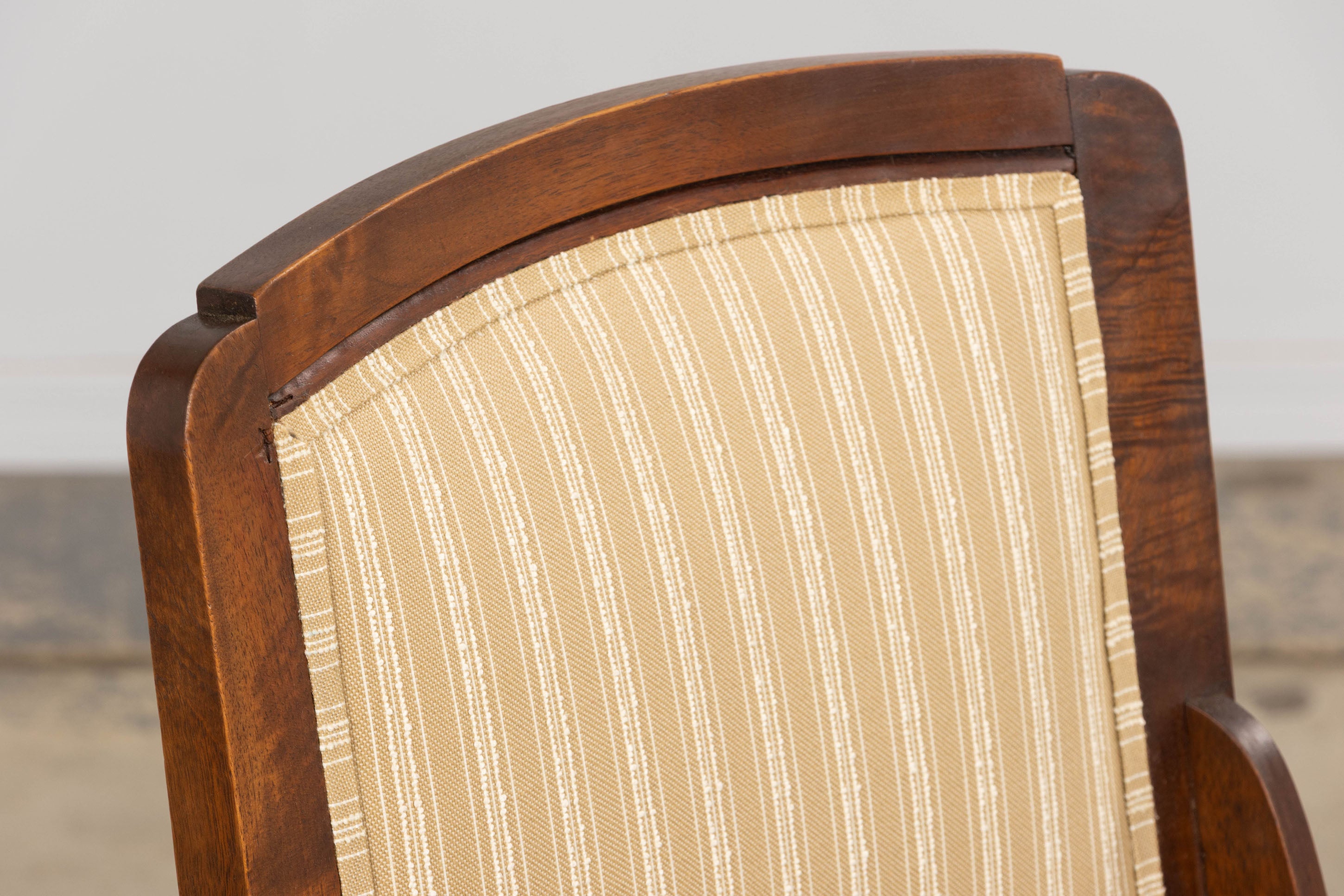 1930s French Art Deco Walnut Dining Chairs In Beige Stripe - Set of 6