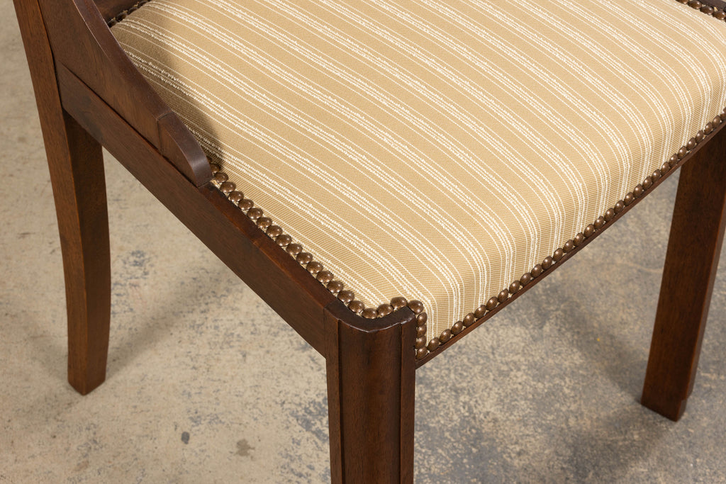 1930s French Art Deco Walnut Dining Chairs In Beige Stripe - Set of 6
