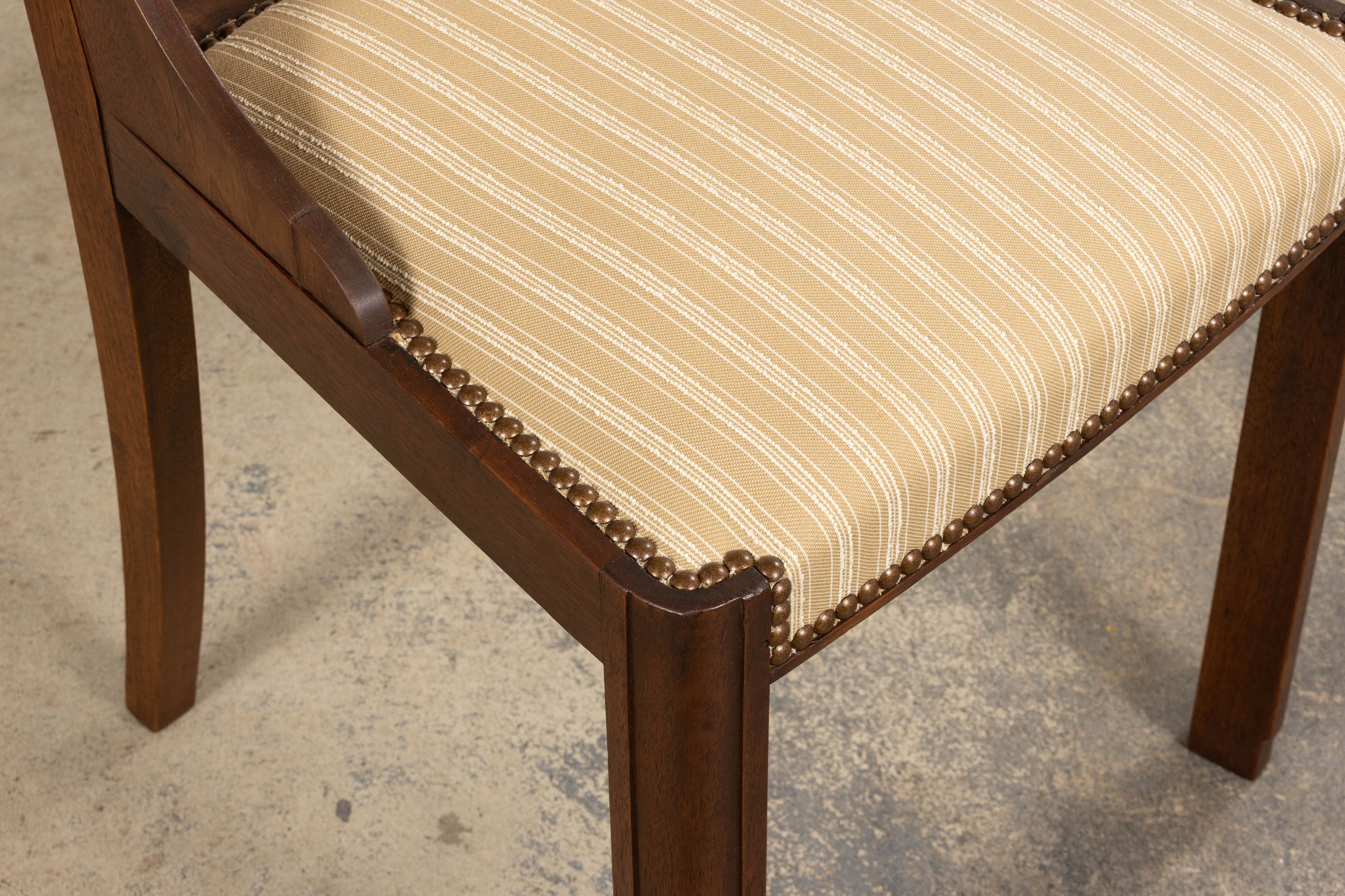 1930s French Art Deco Walnut Dining Chairs In Beige Stripe - Set of 6